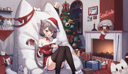 &gt;_&lt; 1girl :3 :d absurdres animal_ears bean_bag_chair black_choker black_thighhighs box breasts candy candy_cane cat_ears cat_girl cat_tail choker christmas christmas_ornaments christmas_present christmas_stocking christmas_tree creature detached_sleeves dress fang fire fireplace food gift gift_box grey_hair hat heart highres holding holding_creature indoors large_breasts lunyaria maro_(neneko_mashiro) merry_christmas multicolored_hair neneko_mashiro night open_mouth photo_(object) picture_frame plate pouring red_dress red_eyes red_hair saliva santa_costume santa_dress santa_hat serving_dome short_dress short_hair sitting sleeping smile stellive streaked_hair table tail teapot thighhighs two-tone_hair virtual_youtuber window