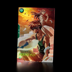 Rule 34 | 1boy, 1girl, arm up, bare arms, blonde hair, brown hair, card, card (medium), cloud, cloudy sky, couple, detached wings, evening, facing another, facing to the side, feathered wings, feathers, floating hair, gundam, gundam ab, gundam wing, gundam wing: endless waltz, gundam wing dual story: g-unit, half up braid, hat, heero yuy, highres, holding, holding unworn clothes, holding unworn hat, long hair, looking at another, looking to the side, mature female, mature male, muscular, pants, parted bangs, relena peacecraft, short hair, sky, standing, sunset, tank top, unworn hat, unworn headwear, very short hair, wings