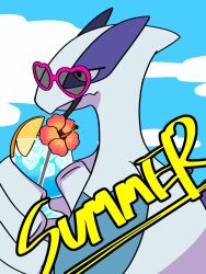 animal_focus black_eyes blue_sky creatures_(company) cup drinking_straw fang flower food fruit game_freak gen_2_pokemon heart heart-shaped_eyewear hibiscus highres holding holding_cup ice ice_cube legendary_pokemon lemon lemon_slice looking_to_the_side lugia nintendo no_humans nose_poke000 orange_flower pink-framed_eyewear pokemon pokemon_(creature) simple_background skin_fang sky solo summer sunglasses upper_body