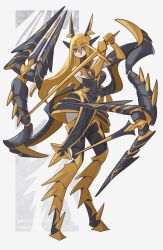 Rule 34 | 1girl, animal feet, black dress, blonde hair, commentary, dress, full body, grey background, grey eyes, highres, holding, holding sword, holding weapon, hooves, horns, long hair, looking at viewer, monster girl, multicolored eyes, original, pelvic curtain, pointy ears, ruteko (ruko220), solo, standing, sword, symbol-only commentary, very long hair, weapon, yellow eyes