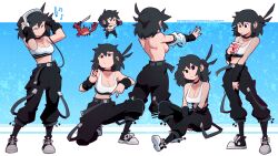 back bad_tag bare_back black_hair black_pants black_sneakers breasts chibi crab cup disposable_cup drinking drinking_soda earphones listening_to_music lucia_(scott_malin) official_art pants scott_malin shirt shoes sideboob sitting smile sneakers socks sweat sweatdrop taking_off_shirt the_panty_bear tomboy topless v white_shirt