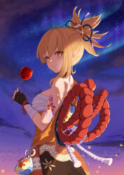 Rule 34 | 1girl, absurdres, arm tattoo, aurora, bandaged arm, bandaged leg, bandages, bare shoulders, blonde hair, breasts, chest sarashi, choker, eukijoe, fireworks, flower tattoo, from side, genshin impact, hair ornament, highres, holding candy apple, japanese clothes, kimono, large breasts, long hair, looking at viewer, night, orange kimono, ponytail, red choker, sarashi, smile, solo focus, summer festival, tattoo, yellow eyes, yoimiya (genshin impact)