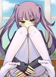 1girl ass black_sweater blue_sky blush brown_eyes cloud commentary_request covering_crotch covering_privates eyes_visible_through_hair feet full_body grass hugging_own_legs knees_together_feet_apart knees_up legs_up long_hair long_sleeves looking_at_viewer minase_(seiga17599020) no_shoes open_mouth original pantyhose partial_commentary plaid_clothes plaid_skirt pleated_skirt purple_hair sidelocks sitting skirt sky sleeves_past_wrists solo straight-on sweater thighs thighs_together twintails white_pantyhose white_skirt