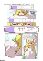 aqua_hair artist_name blonde_hair blush breasts coffeeslice comic dragon_girl gradient_hair happy heterochromia horns huge_breasts kobayashi-san_chi_no_maidragon long_hair lucoa_(maidragon) multicolored_hair pregnancy_test pregnant shirt sidelocks twitter_username very_long_hair