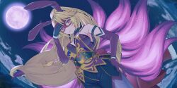 Rule 34 | 1girl, alternate costume, alternate hairstyle, animal ear hairband, animal ears, blonde hair, braid, breasts, cloud, commentary, domino mask, elbow gloves, energy tail, english commentary, fake animal ears, fake tail, fox tail, full moon, game cg, gloves, hairband, hand on own hip, highres, junko (elusive pure rabbit) (touhou), junko (touhou), long hair, looking at viewer, maria onnette, mask, moon, multiple tails, official art, outdoors, rabbit ears, rabbit tail, red gloves, solo, tail, third-party source, touhou, touhou lostword, twin braids, very long hair, wrestling outfit