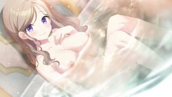 1girl breasts brown_hair closed_mouth collarbone completely_nude dutch_angle game_cg highres koruri long_hair looking_at_viewer medium_breasts neko_to_wakai_seyo! nipples nude partially_submerged purple_eyes sitting smile solo straight_hair swept_bangs yasaka_yuuki