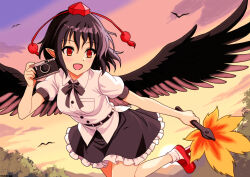 1girl bird bird_wings breasts camera commentary_request feathered_wings flying frilled_skirt frills geta hat holding holding_camera mist9801km open_mouth pointy_ears pom_pom_(clothes) puffy_short_sleeves puffy_sleeves red_eyes red_hat red_shoes shameimaru_aya shirt shoes short_sleeves skirt smile socks solo tengu-geta tokin_hat touhou white_shirt white_socks wings