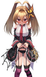 Rule 34 | 1girl, bare shoulders, black panties, blush, breasts, clothes lift, dress, embarrassed, emil chronicle online, frilled dress, frilled skirt, frills, garter belt, highres, kamuchin soda, lifting own clothes, looking at viewer, medium breasts, necktie, panties, purple thighhighs, raised inner eyebrows, red necktie, silk, skirt, spider web, striped clothes, striped thighhighs, tarantula alma, tearing up, thighhighs, underwear, white background