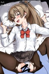 1boy 1girl :d absurdres bed_sheet black_pantyhose black_skirt blue_eyes blush bow bowtie breasts brown_hair censored clothing_aside collarbone collared_shirt commentary_request commission dress_shirt drugged eckert&amp;eich feet_out_of_frame hair_between_eyes hands_up heart heart_in_eye hetero highres kantai_collection kumano_(kancolle) leg_grab long_hair long_sleeves looking_at_viewer loose_bowtie lying miniskirt motion_lines on_back on_bed open_mouth panties panties_aside pantyhose penis pillow pillow_grab pleated_skirt ponytail pov pussy red_bow red_bowtie saliva saliva_trail scribble_censor sex shirt sidelocks signature skeb_commission skirt small_breasts smile solo_focus spread_legs symbol_in_eye syringe teeth torn_clothes torn_pantyhose track_marks twitter_username underwear upper_teeth_only vaginal white_panties white_shirt