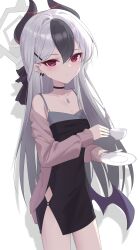 1girl absurdres black_collar black_dress black_hair black_wings blue_archive breasts brown_jacket cleavage closed_mouth collar collarbone cowboy_shot cup dress earrings grey_hair hair_between_eyes halo highres holding holding_cup holding_plate horns jacket jei_(user_tckk7448) jewelry kayoko_(blue_archive) kayoko_(dress)_(blue_archive) long_hair long_sleeves looking_at_viewer low_wings multicolored_hair off_shoulder open_clothes open_jacket plate puffy_long_sleeves puffy_sleeves red_eyes simple_background single_wing small_breasts solo standing very_long_hair white_background white_hair wings