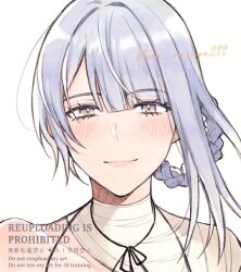1girl artist_name asymmetrical_bangs bandaged_neck bandages blunt_bangs blush braid braided_hair_rings close-up closed_mouth commentary_request eyelashes grey_eyes grey_hair hair_rings highres kaine_(nier) kurosawa_kazuto looking_at_viewer loose_hair_strand nier nier_(series) simple_background solo twitter_username upper_body watermark white_background