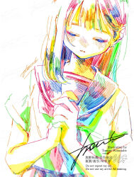 1girl blush closed_eyes colorful hatching_(texture) highres original own_hands_together parted_lips procreate_(medium) school_uniform serafuku short_sleeves signature solo upper_body watanabe_tomari