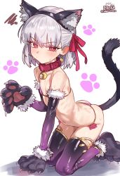 1girl absurdres animal_collar animal_ears animal_hands ass bell bikini cat_ears cat_tail collar earrings ebora elbow_gloves fake_animal_ears fate/grand_order fate_(series) flat_chest floating_earrings fur-trimmed_gloves fur_trim gloves grey_hair hair_ribbon highres jewelry kama_(fate) kneeling looking_at_viewer navel neck_bell non-web_source paw_gloves paw_print paw_print_background petite purple_bikini purple_gloves purple_thighhighs red_eyes ribbon ribs short_hair simple_background solo swimsuit tail thighhighs twitter_username