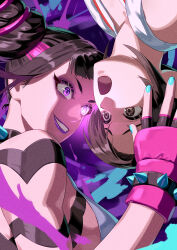 2girls black_hair brown_eyes brown_hair glowing glowing_eyes grin hair_horns han_juri highres multiple_girls open_mouth pink_hair purple_eyes purple_lips shiranui_mai smile street_fighter street_fighter_6 upside-down yagi2013
