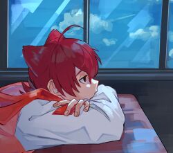 Rule 34 | 1boy, against desk, ahoge, bent over, black eyes, blue sky, classroom, contrail, crossed arms, day, flipped hair, from side, hair between eyes, hair ears, handa080, head rest, highres, hood, hood down, hoodie, indoors, jiba jinpei, jitome, long sleeves, looking ahead, male focus, profile, red hair, red hoodie, school, short hair, sky, sleeveless, sleeveless hoodie, solo, white sleeves, window, youkai watch