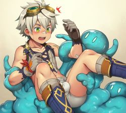 1boy absurdres bandages bennett_(genshin_impact) briefs bulge daikung genshin_impact gloves goggles green_eyes highres male_focus male_underwear shota slime underwear white_briefs white_hair