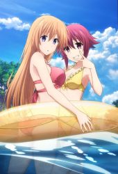 10s 2girls ass bikini bikini_top_only blue_eyes breast_press breasts chaos;child cleavage cloud cloudy_sky day frilled_bikini frills grin highres innertube kurusu_nono light_brown_hair long_hair looking_at_viewer medium_breasts multiple_girls official_art onoe_serika outdoors parted_lips red_bikini red_eyes red_hair short_hair_with_long_locks sidelocks silver_link sky smile standing swim_ring swimsuit symmetrical_docking transparent tree v very_long_hair wading water yellow_bikini