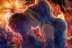 2boys absurdres asymmetrical_bangs black_gloves black_nails blonde_hair chest_harness closed_eyes commission commissioner_upload deidara_(naruto) elbow_gloves fireworks french_kiss gloves hair_over_one_eye hand_on_another&#039;s_face harness high_ponytail highres japanese_clothes kimono kino_cozi kiss long_hair male_focus multiple_boys naruto_(series) naruto_shippuuden night night_sky non-web_source official_alternate_costume ponytail red_hair sasori_(naruto) short_hair skeb_commission sky star_(sky) yaoi