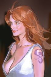 1girl absurdres bare_shoulders black_background breasts cleavage closed_mouth collarbone commentary_request from_side highres large_breasts long_hair nami_(one_piece) one_piece orange_eyes orange_hair qing_han_geng_(sunwind9426) red_lips shirt shoulder_tattoo sleeveless sleeveless_shirt smile solo tattoo upper_body wavy_hair white_shirt