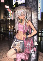 1girl absurdres bag bare_shoulders belt billboard breasts chinese_commentary closed_mouth commentary_request cowboy_shot crop_top crowd denim denim_shorts expressionless fishnet_pantyhose fishnets grey_eyes grey_hair hair_between_eyes hair_ornament hairclip headphones headphones_around_neck heart heart_o-ring highres holding_strap leaning_on_object long_hair looking_at_viewer loose_socks midriff naruto_maki_(naruto05) navel night o-ring o-ring_thigh_strap open_belt original outdoors pantyhose pink_bag pink_shirt pink_socks shirt short_shorts shorts shoulder_bag sleeveless sleeveless_shirt small_breasts socks solo stomach thigh_strap torn_clothes torn_shorts twintails utility_pole white_belt