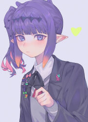 Rule 34 | 1girl, absurdres, black jacket, black ribbon, blunt bangs, closed mouth, collared shirt, colored inner hair, gradient hair, grey background, grey sweater, hand up, heart, highres, hololive, hololive english, jacket, kiwwwwwi, lapel pin, lapels, looking at viewer, medium hair, mole, mole under eye, multicolored hair, neck ribbon, ninomae ina&#039;nis, ninomae ina&#039;nis (school uniform), notched lapels, official alternate costume, official alternate hairstyle, orange hair, pink hair, pointy ears, purple eyes, purple hair, ribbon, school uniform, shirt, side ponytail, sidelocks, simple background, sleeves past wrists, solo, sweater, tentacle hair, upper body, v-neck, virtual youtuber, white shirt