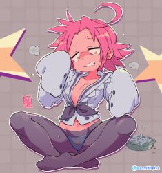 ashtray belly black_pantyhose cigarette collarbone furrowed_brow hands_up kogami_akira long_sleeves lotus_position lucky_star navel open_clothes open_shirt panties panties_under_pantyhose pantyhose pink_hair purple_shirt shirt short_hair signature simple_background sitting sleeves_past_fingers sleeves_past_wrists solo star_(symbol) star_panties starmilk twitter_username underwear white_panties yellow_eyes