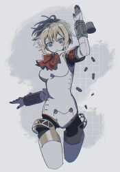 1girl aigis_(persona) android blonde_hair blue_eyes bow bowtie breasts bullet finger_cannon gm70t headphones highres joints looking_at_viewer persona persona_3 red_bow ribbon robot_ears robot_girl robot_joints short_hair simple_background solo