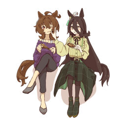 Rule 34 | 2girls, agnes tachyon (umamusume), ahoge, animal ears, bare shoulders, belt, black belt, black hair, black pantyhose, black ribbon, black shoes, black skirt, bra strap, brown hair, chicken (food), chicken leg, crossed legs, ear tag, earrings, flower, food, food on face, frilled shirt, frills, grey shoes, hair between eyes, hair flower, hair ornament, hand on another&#039;s face, highres, horse ears, horse girl, horse tail, jewelry, long bangs, long hair, long hair between eyes, long sleeves, looking at another, manhattan cafe (umamusume), medium hair, multicolored hair, multiple girls, neck ribbon, necklace, noon 463, off-shoulder shirt, off shoulder, pantyhose, purple shirt, red eyes, ribbon, shirt, shirt tucked in, shoes, simple background, single earring, sitting, skirt, tail, umamusume, very long hair, white background, white hair, wolf cut, yellow eyes