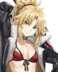 1girl bikini black_jacket blonde_hair braid breasts clarent_(fate) collar collarbone fate/apocrypha fate/grand_order fate_(series) green_eyes half_up_braid highres jacket long_hair long_sleeves looking_at_viewer mordred_(fate) mordred_(fate/apocrypha) open_clothes open_jacket parted_bangs ponytail red_bikini sidelocks small_breasts smile solo swimsuit sword tonee weapon