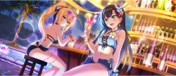 2girls :d arm_support armpit_crease bar_(place) bar_stool bare_arms bare_legs bare_shoulders bikini bikini_under_shorts black_bikini black_bow black_hair blonde_hair blue_bikini blue_eyes blue_wrist_cuffs bow bracelet breasts butterfly_hair_ornament cleavage closed_mouth collarbone cross-laced_bikini cross-laced_clothes cup darkness_(konosuba) denim denim_shorts diagonal_bangs drinking_glass earrings eyewear_on_head flower game_cg green_eyes hair_bow hair_ornament hand_on_own_cheek hand_on_own_face hand_up hibiscus highleg highleg_bikini highres holding holding_cup jewelry kono_subarashii_sekai_ni_shukufuku_wo! konosuba!_fantastic_days large_breasts lia_(konosuba) long_hair looking_at_another medium_breasts multiple_girls navel night o-ring o-ring_bikini o-ring_top official_alternate_costume official_art open_fly open_mouth palm_tree parted_bangs pink-tinted_eyewear pink_flower ponytail pool purple-tinted_eyewear shade short_shorts shorts side-tie_bikini_bottom sideboob sidelocks sitting smile stomach stool swimsuit thighs tinted_eyewear tree very_long_hair white-framed_eyewear white_flower wrist_cuffs