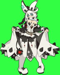 1girl absurdres ahoge belt black_belt black_pantyhose blue_eyes boots breasts closed_mouth dress elphelt_valentine full_body green_background guilty_gear guilty_gear_xrd hands_up hat highres kekeken large_breasts pantyhose short_hair simple_background smile solo thigh_boots white_boots white_dress white_hair white_hat