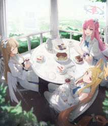 3girls absurdres animal_ear_fluff animal_ears blonde_hair blue_archive blue_bow bow cake capelet closed_eyes closed_mouth cup dress feathered_wings flower food fox_ears fox_girl hair_between_eyes hair_flower hair_ornament highres holding holding_cup holding_plate jianjia long_hair looking_at_viewer macaron mika_(blue_archive) multiple_girls nagisa_(blue_archive) open_mouth parted_bangs pink_eyes pink_flower pink_hair plate seia_(blue_archive) sidelocks sitting sleeves_past_fingers sleeves_past_wrists smile swiss_roll tea tea_party_(blue_archive) teacup white_capelet white_dress white_flower wings yellow_eyes