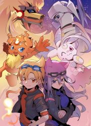 2girls apollomon black_jacket blonde_hair blue_eyes brown_eyes commission coronamon crescent cropped_jacket crossed_arms dianamon digimon digimon_(creature) digimon_story:_sunburst_and_moonlight evolutionary_line fire goggles goggles_on_head helmet highres jacket jinrou_(cyanord_k) koh_(digimon) long_hair looking_at_viewer looking_back lunamon mask mouth_mask multiple_girls one_eye_closed open_clothes open_jacket pink_scarf purple_eyes purple_hair purple_headwear sayo_(digimon) scarf short_hair smile smirk