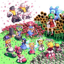 6+girls apron ascot black_hair blonde_hair blue_eyes blue_hair bow cirno daiyousei detached_sleeves dual_persona fairy_wings field flower flower_field grave green_hair hair_bow hair_tubes hakurei_reimu hat hat_bow kazami_yuuka kirisame_marisa kisasage_kouta lily_black lily_of_the_valley lily_white long_hair lowres luna_child medicine_melancholy multiple_girls onozuka_komachi petals phantasmagoria_of_flower_view pixel_art praying red_eyes red_flower red_hair shiki_eiki short_hair sitting skirt skirt_set spider_lily star_sapphire su-san sunflower sunflower_field sunny_milk touhou transparent_background vest wings witch_hat yousei_daisensou