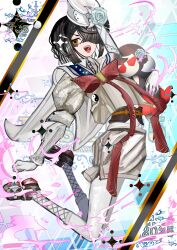 1girl black_hair bow bowtie brown_eyes brown_shoes character_doll doll dress fate/grand_order fate_(series) fishnets flower hair_over_one_eye hat hat_flower highres kitsunebi44410 lady_yu_doll mini_hat mole mole_under_eye red_bow red_bowtie sailor_collar shoes short_hair skirt solo stuffed_toy white_dress white_hat white_skirt xu_fu_(fate) xu_fu_(fgo_fes._2025)_(fate)