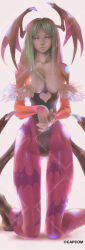 1girl animal_print aqua_eyes bare_shoulders bat_print bat_wings bengus black_boots black_leotard boots breasts bridal_gauntlets capcom cleavage clothing_cutout collarbone commentary_request copyright_notice darkstalkers demon_girl expressionless feather_trim full_body green_eyes green_hair grey_background head_wings heart_cutout highres kneeling large_breasts leotard long_hair looking_at_viewer morrigan_aensland official_art own_hands_together pantyhose pink_pantyhose second-party_source solo strapless strapless_leotard watermark wings