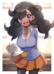 Rule 34 | 1girl, :d, absurdres, arms behind back, black hair, black pantyhose, blue eyes, blush, breasts, collared shirt, commentary request, dark-skinned female, dark skin, emma (pokemon), espurr, eyelashes, gen 6 pokemon, gonzarez, grey sweater, highres, indoors, large breasts, long hair, looking at viewer, miniskirt, nintendo, open mouth, orange skirt, pantyhose, pokemon, pokemon (creature), pokemon xy, shirt, skirt, smile, sweater, teeth, tongue, twintails, upper teeth only, white shirt