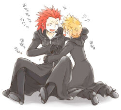 Rule 34 | &gt; &lt;, +++, 2boys, anger vein, axel (kingdom hearts), black boots, black coat, black coat (kingdom hearts), black pants, boots, closed eyes, coat, commentary request, full-length zipper, full body, hair slicked back, height difference, hood, hood down, hooded coat, kingdom hearts, knee boots, knees up, laughing, long coat, long hair, male focus, marking on cheek, multiple boys, open mouth, pants, red hair, roxas, shadow, sitting, smile, spiked hair, tickling, tickling sides, translation request, white background, yubon, zipper
