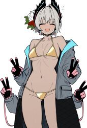 1girl :d ^_^ arknights bikini black_coat black_gloves blush breasts closed_eyes coat collarbone commentary cowboy_shot dark-skinned_female dark_skin extra_arms facing_viewer flying_sweatdrops gloves golden_week golden_week_bikini grey_hair groin highres long_sleeves makigirisu medium_breasts navel off_shoulder open_mouth pink_gloves quadruple_v raidian_(arknights) short_hair simple_background smile solo standing swimsuit v white_background yellow_bikini