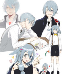 1boy :q aged_down alternate_hairstyle animal_ears bead_bracelet beads black_jacket black_shoes black_shorts blue_eyes blue_hair bow bowtie bracelet closed_mouth full_body glasses grey_vest hair_between_eyes hair_ornament hairclip heterochromia jacket jewelry jujutsu_kaisen long_hair low-tied_long_hair mahito_(jujutsu_kaisen) male_focus multiple_persona nonockha open_mouth rabbit_boy rabbit_ears reading ring round_eyewear shoes short_hair shorts smile socks stitched_arm stitched_face stitched_neck stitches suspenders tongue tongue_out upper_body v vest white_socks yellow_bow yellow_bowtie yellow_eyes