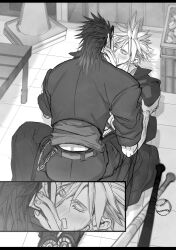 2b_fff 2boys bandaid bandaid_on_face baseball baseball_bat black_jacket black_pants chain closed_eyes cloud_strife cloud_strife_(midgard_seventh_high_school) collared_shirt delinquent earrings final_fantasy final_fantasy_vii final_fantasy_vii_ever_crisis gakuran hair_between_eyes hair_slicked_back hand_on_another&#039;s_neck highres jacket jewelry kiss male_focus multiple_boys official_alternate_costume pants school_uniform shirt short_hair single_earring sleeves_rolled_up spiked_hair table tile_floor tiles traffic_cone yaoi zack_fair zack_fair_(midgard_seventh_high_school)