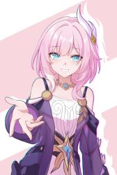 1girl absurdres bare_shoulders blue_eyes chinese_commentary coat commentary_request cyrene_(honkai:_star_rail) dress hair_ornament highres honkai:_star_rail honkai_(series) li_shijin long_hair looking_at_viewer medium_hair pink_hair pink_pupils purple_coat short_hair smile solo upper_body