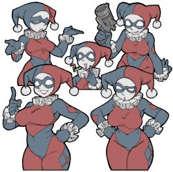 ... 1girl :d :o ? black_bodysuit black_mask bodysuit cropped_legs dc_comics eye_mask grin gun harley_quinn highres holding holding_gun holding_weapon looking_at_viewer multiple_views open_mouth pantsu-ripper red_bodysuit simple_background smile teeth weapon white_background