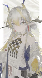 1girl absurdres arknights bare_shoulders bead_necklace beads breasts brooch closed_mouth collarbone dragon_girl dragon_horns earrings eastern_dragon_horns green_eyes hair_between_eyes hair_ornament highres horns incredibly_absurdres jewelry long_hair necklace nero_(nero_nyam) pointy_ears shirt shu_(arknights) small_breasts solo strapless strapless_shirt tassel tassel_earrings tube_top white_tube_top