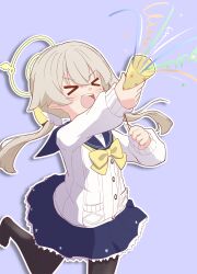 &gt;_&lt; 1girl :d black_pantyhose blonde_hair blue_archive blue_background blue_sailor_collar blue_skirt bow bowtie buttons cardigan commentary_request floating_hair frilled_skirt frills hair_ornament halo hifumi_(blue_archive) highres holding holding_party_popper kyousuke_(orcein) light_blush long_hair long_sleeves low_twintails no_shoes open_mouth outline pantyhose party_popper pleated_skirt puffy_long_sleeves puffy_sleeves sailor_collar shadow skirt smile solo standing standing_on_one_leg streamers teeth twintails upper_teeth_only v-shaped_eyebrows white_cardigan white_outline wing_hair_ornament xd yellow_bow yellow_bowtie yellow_halo