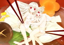 2girls :o ahira_yuzu albino ass barefoot bikini blush bowl carrot chopsticks collarbone eyebrows flower food fruit highres holding_hands in_bowl in_container in_food interlocked_fingers long_hair looking_at_viewer mini_person minigirl mochi multiple_girls mushroom original oversized_object panties panty_pull partially_submerged personification pulling_another&#039;s_clothes red_eyes ripples scarf strapless strapless_bikini swimsuit tofu underwear wagashi white_bikini white_hair white_scarf yuzu_(fruit) zouni_soup