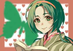1girl akimoto_komachi argyle_clothes argyle_hairband book border bug butterfly closed_mouth eyelashes green_butterfly green_eyes green_hair green_kimono hairband happy heart heart_background highres holding holding_book insect japanese_clothes kimono light_blush lips long_hair looking_at_viewer low_twintails mer_(zo_no_00) open_book outside_border pink_lips precure reading red_border red_hairband smile solo striped_clothes striped_kimono tareme twintails upper_body vertical-striped_clothes vertical-striped_kimono white_background yes!_precure_5