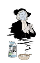 1boy black_coat blue_skin coat colored_skin commentary_request etheral_q ghost gloves grey_hair hat looking_at_viewer male_focus milk_carton oatmeal own_hands_clasped own_hands_together randal&#039;s_friends sebastian_de_tomato_smith_chicken_legs short_hair simple_background solo tsukasa_(tsukasa_mimizuku) white_background white_gloves
