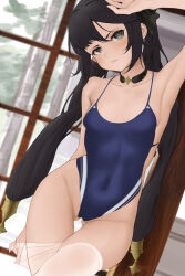 1girl absurdres arm_up armpits bare_shoulders black_hair blue_one-piece_swimsuit breasts choker collarbone covered_navel genshin_impact green_eyes hand_on_own_thigh hand_under_clothes head_tilt highleg highleg_one-piece_swimsuit highres l_ract long_hair looking_at_viewer mona_(genshin_impact) one-piece_swimsuit small_breasts solo standing swimsuit thighhighs thighs twintails white_thighhighs