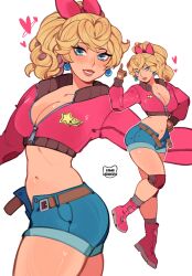 1girl ass belt blonde_hair blue_eyes boots breasts cleavage earrings fingerless_gloves gloves hair_ribbon jacket jewelry kamii_momoru knee_pads mario_(series) midriff navel nintendo open_fly ponytail princess_peach ribbon shorts smile socks unbuckled unbuttoned unbuttoned_pants
